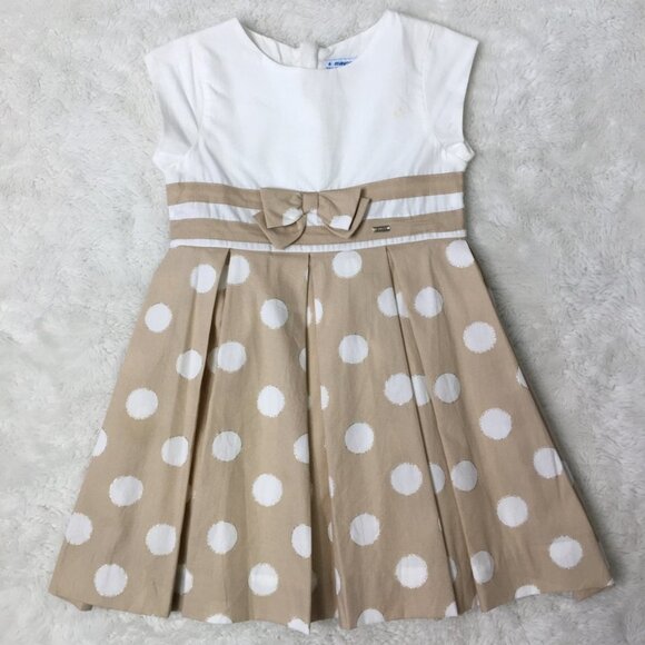 Mayoral Little Girls Polka Dot Open Flare Dress Size 4 Tan White